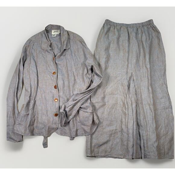 FLAX by Jeanne Engelhart 100% Linen Cardigan & Maxi Skirt Set Size Large Blue - Picture 1 of 11
